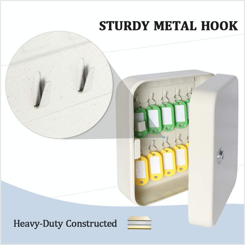 Decaller Security Metal Key Box with 20 Hooks, Small Adjustable Wall Mount Key Lock Cabinet, White, 7 4/5" x 6 1/5" x 2 4/5", YSH001S - Image 2
